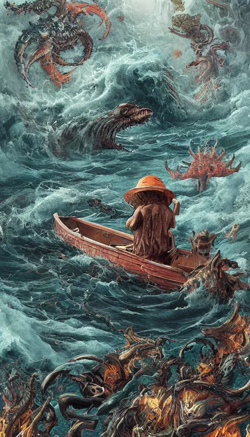 Prompt: man on boat crossing a body of water in hell with creatures in the water, sea of souls, by sam spratt