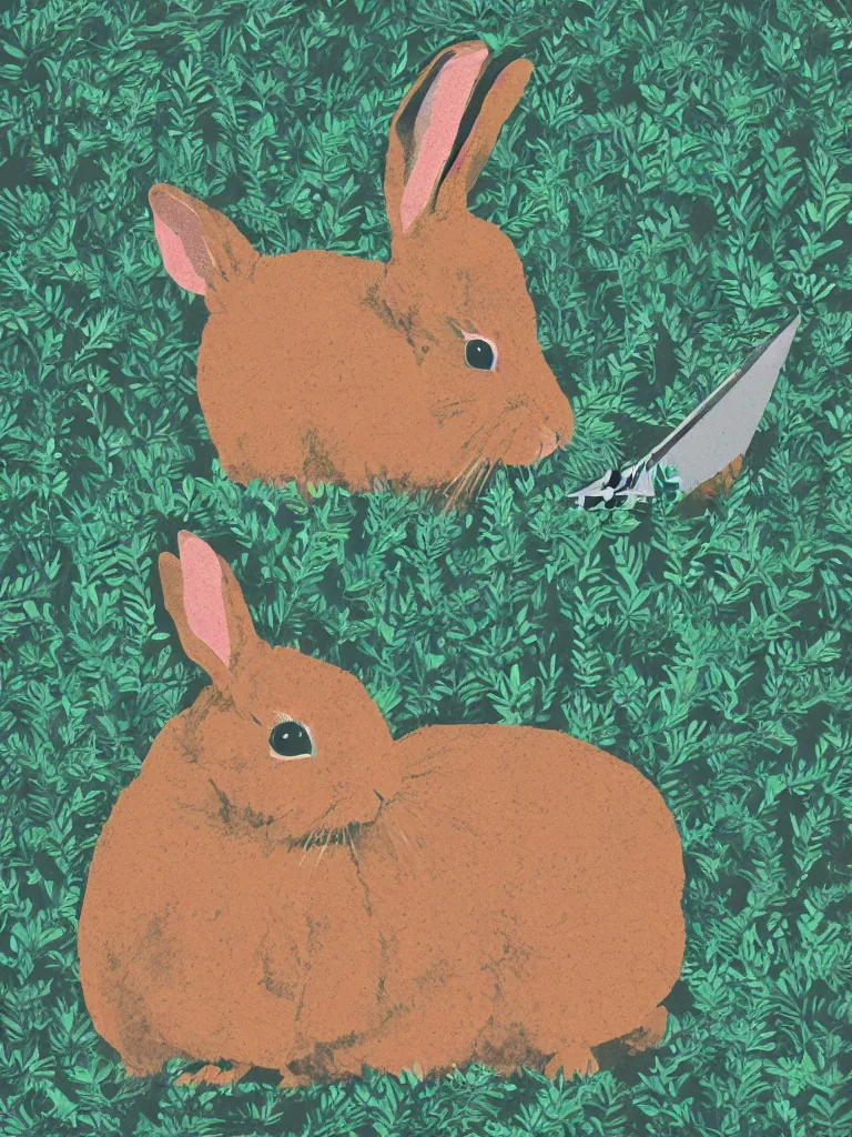 Prompt: screen print of a rabbit in nature, with laptop