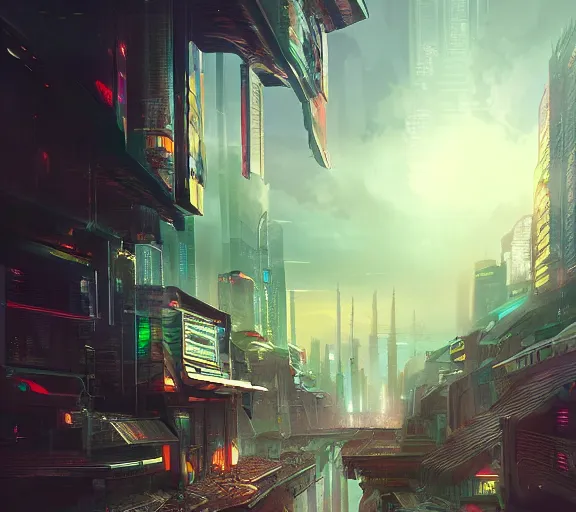 Prompt: cyberpunk fantasy world with beautiful sunse, amazing digital art, trending on artstation