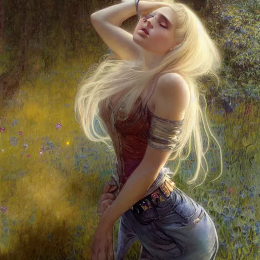 Prompt: A young woman with blonde long hair and bangs in shorts and white shirt drawn by Donato Giancola and Anna Dittmann, frank frazetta, alphonse mucha, background by James Jean and gustav klimt, 4k, volumetric lighting, french nouveau, trending on artstation, octane render, hyperrealistic