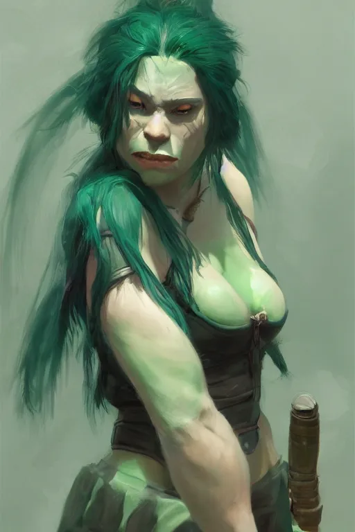 Prompt: rpg character art of an ape woman, green hair, highly detailed, half - body composition, by jeremy lipking, by studio ghibli, by disney, video game fanart, gorgeous face