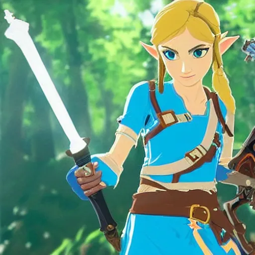 Image similar to zelda from breath of the wild holding a gun