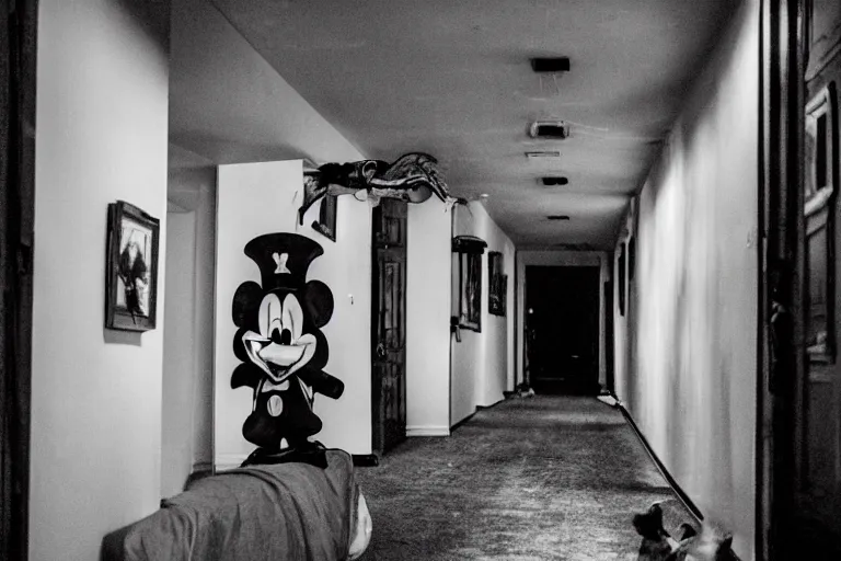 Image similar to a photo of a very long backrooms hallway with a creepy looking mickey mouse at the end of the hallway, staring with an evil grin, dark, horror, detailed