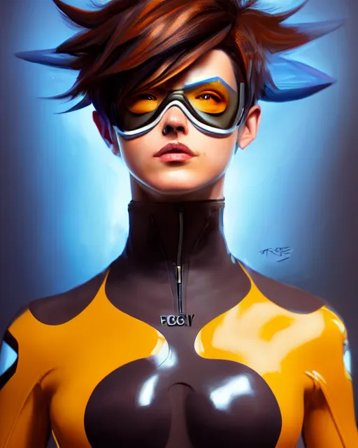 Image similar to tracer wearing a latex suit, perfect face, cinematic, stunning, cute, adorable, strong, highly detailed, psychedelic, digital painting, artstation, smooth, hard focus, illustration, art by jessica rossier and and brian froud