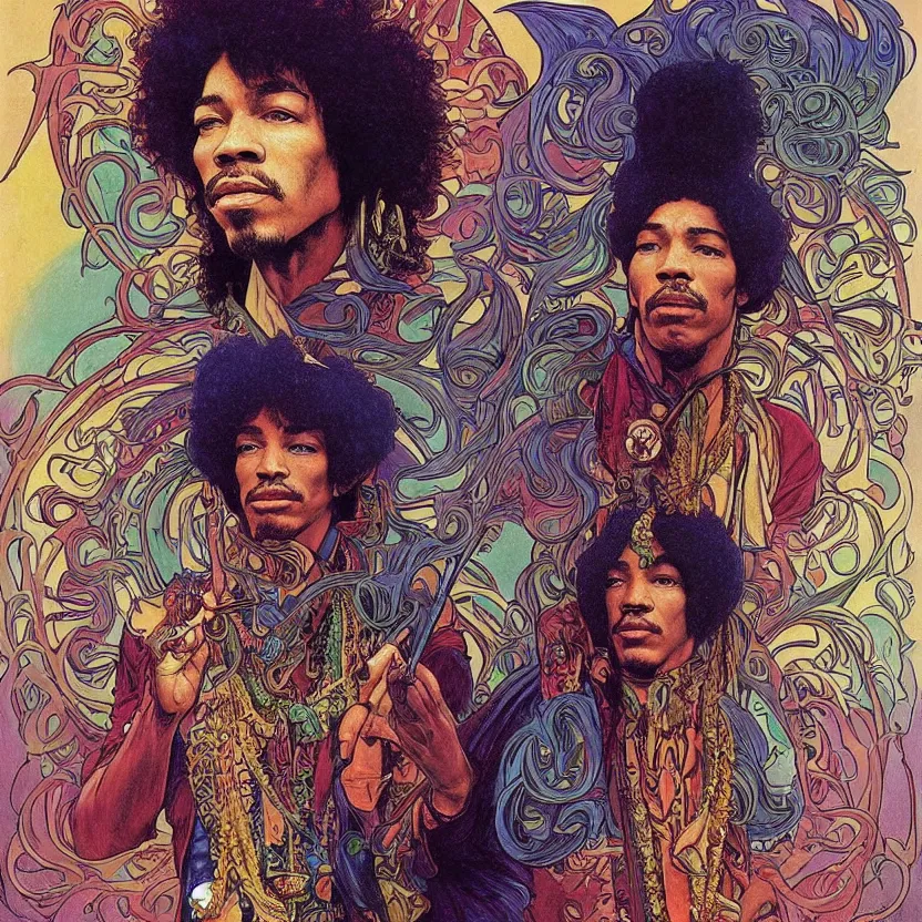 Image similar to colorfull artwork by Franklin Booth and Alphonse Mucha showing a portrait of Jimi Hendrix as a futuristic space shaman, Jimi Hendrix as a futuristic space shaman by Moebius