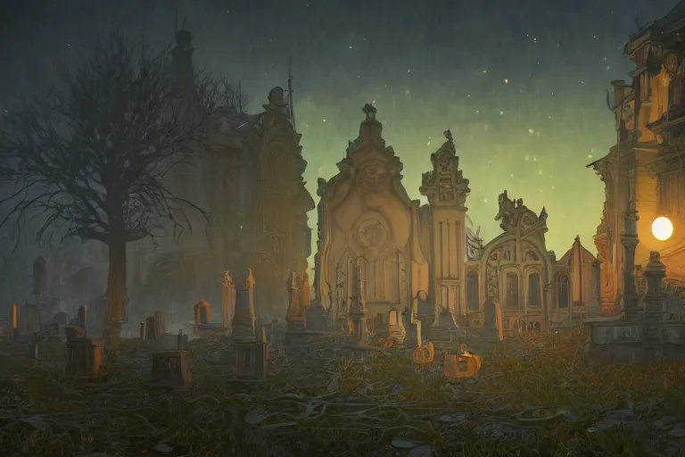 Image similar to an ultra detailed animation of a graveyard at midnight on halloween, digital art, dark fantasy, concept art, soulslike, by alphonse mucha, blood moon eclipse, ruined building in the background, artstation, 8 k, unreal engine render