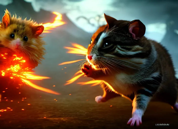 Image similar to hamster fights a cat in mortal kombat at a volcano with shao khan cheering in the background. fantasy magic style. highly detailed 8 k. intricate. lifelike. soft light. sony a 7 r iv 5 5 mm. [ cinematic post - processing ].