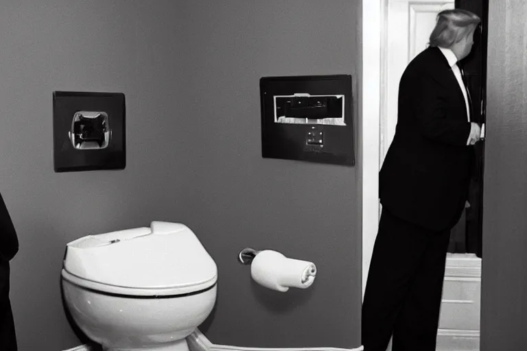 Prompt: black and white security camera footage of Trump putting papers in a toilet