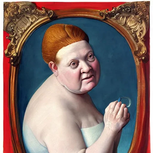 Image similar to of a very funny renaissance style oil painting of a sweet fat old woman kissing her reflection. symmetrical face, red mouth, blue eyes. a flowered dress. a hyper - realistic scene. 3 d, octane processing, deep focus, white scene. a very funny and sweet picture. unreal engine. watercolor. fellini cinematic style. poster quality. freud painting style.