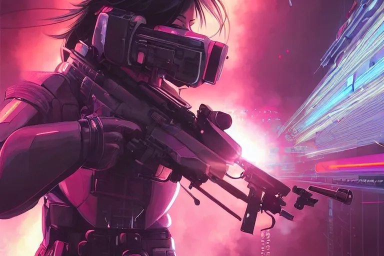 Image similar to young female japanese sniper aiming a railgun sniper rifle, neon, cyberpunk, futuristic, full cybernetic combat suit, short bob haircut, stunning illustration, highly detailed, digital painting, smooth, soft focus, illustration, ghost in the shell, 4 k digital art from artstation by artgerm and greg rutkowski and alphonse mucha