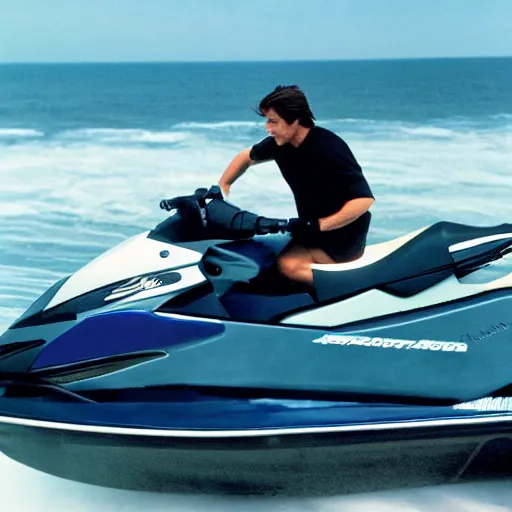 Prompt: photo of tom cruise riding jetski, cinestill, 800t, 35mm, full-HD