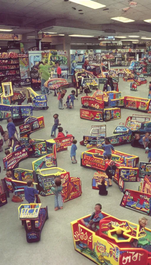 Image similar to 1990s photo of inside the Boring News Grown up errands ride at Universal Studios in Orlando, Florida, children riding on tiny minivans go-carts through a fake grocery store maze course , Nickelodeon slime blaster, flying soccer balls, business men, cinematic, UHD