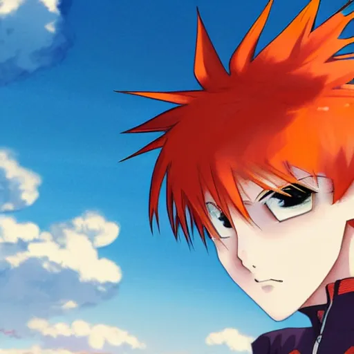 Image similar to orange - haired anime boy, 1 7 - year - old anime boy with wild spiky hair, wearing red jacket, flying through sky, ultra - high jump, late evening, blue hour, cirrus clouds, ultra - realistic, sharp details, subsurface scattering, blue sunshine, intricate details, hd anime, 2 0 1 9 anime