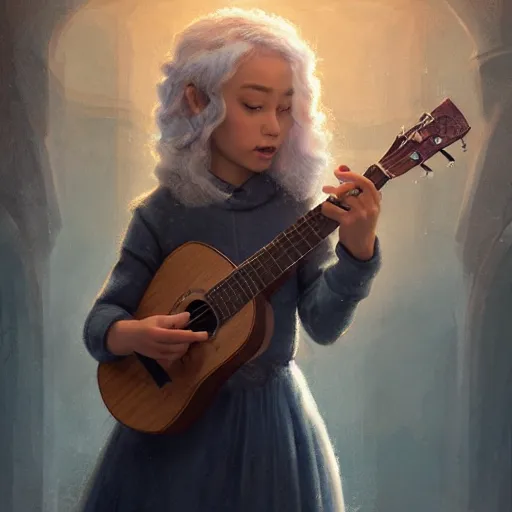 Prompt: 1 2 year old girl playing the ukulele, winds of winter, hyper detailed, digital art, trending in artstation, cinematic lighting, studio quality, smooth render, octane rendered, concept art, sharp focus, illustration, art by artgerm and greg rutkowski and wlop