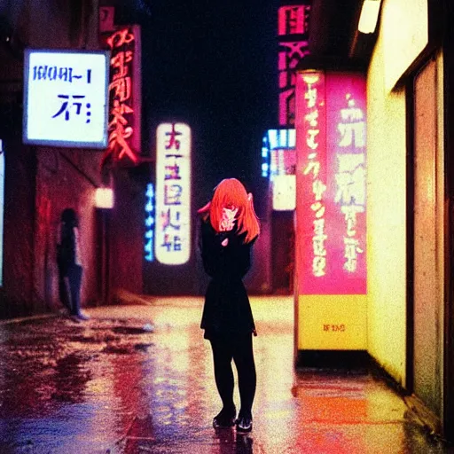 Image similar to 1990s perfect 8K HD professional cinematic photo of close-up japanese schoolgirl posing in dystopian alleyway with neon signs, at evening during rain, at instagram, Behance, Adobe Lightroom, with instagram filters, depth of field, taken with polaroid kodak portra