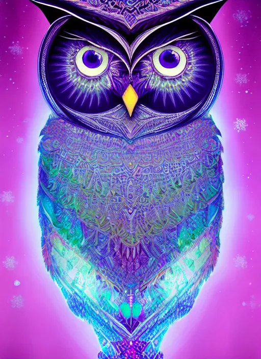 Image similar to symmetry!! product render poster vivid colors divine proportion owl, ice and snow, glowing fog intricate, elegant, highly detailed, digital painting, artstation, concept art, smooth, sharp focus, illustration,