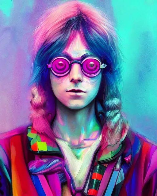 Image similar to colorful character portrait of a non - binary hippie, set in the future 2 1 5 0 | highly detailed face | very intricate | symmetrical | cinematic lighting | award - winning | painted by mandy jurgens | pan futurism, dystopian, bold colors, cyberpunk, groovy vibe, anime aesthestic | featured on artstation