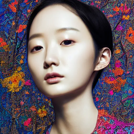 Image similar to the portrait of an unbelievably beautiful, elegant, and sophicated young yoo seung ok partially made of broccoli, an ultrafine detailed illustration by james jean, intricate linework, bright colors, final fantasy, behance contest winner, vanitas, angular, altermodern, unreal engine 5 highly rendered, global illumination, radiant light, detailed and intricate environment