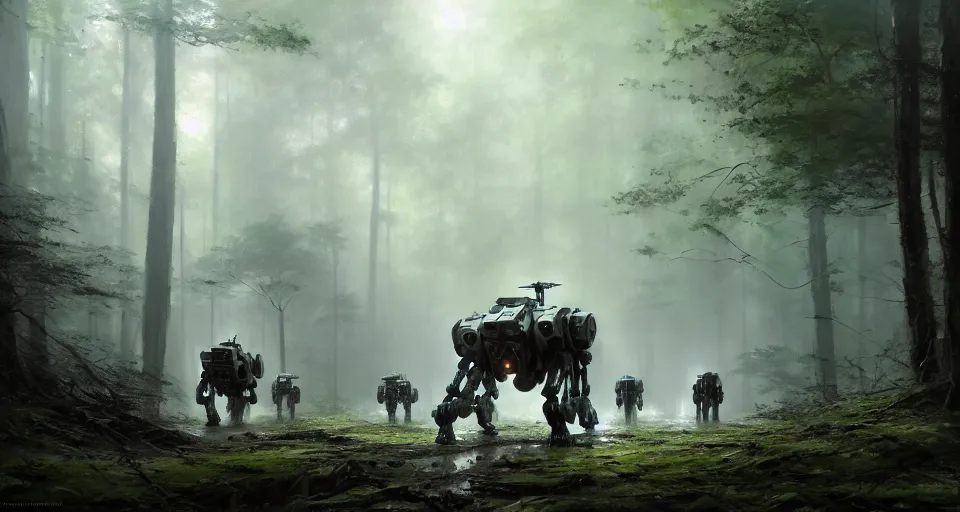 Image similar to hyper realistic sci - fi matte concept art painting of battlemech walking through a forest, beautiful details, strong composition painted by kim jung guweta studio rutkowski, james gurney and greg rutkowski, and lucasfilm, smooth, intricate, detailed, sharp focus, cinematic