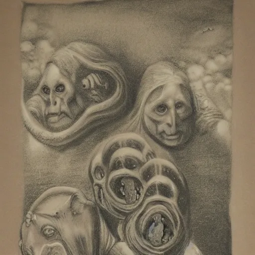 Image similar to portrait mezzotint of a group of mythical monsters and beasts in a squishy style