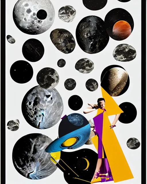 Image similar to A collage, made of random shapes cut from fashion magazines, of Space Travel, landing on the moon, mid-century modern.