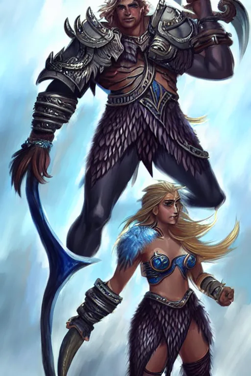 Image similar to triton girl wearing scale armor having a great time riding on a the shoulders of a male goliath wearing fur and leather armor, dnd concept art, painting by ross tran, blue-skinned triton wearing scale armor, fur-clad barbarian goliath