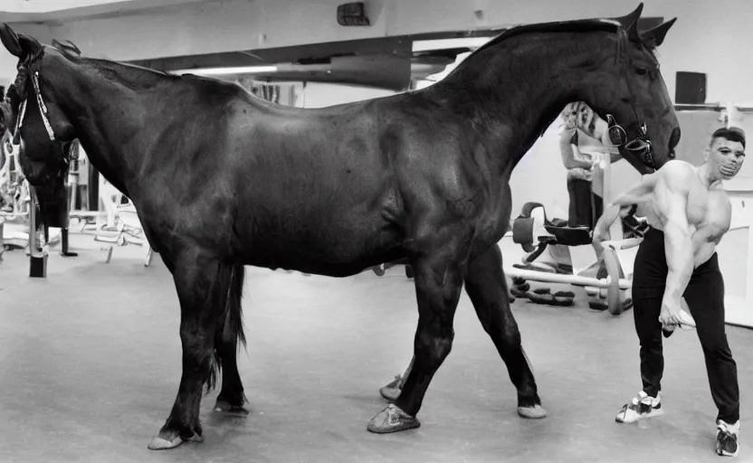 Prompt: strong cart horse with big muscles in a gym, turning right by 8 0 *