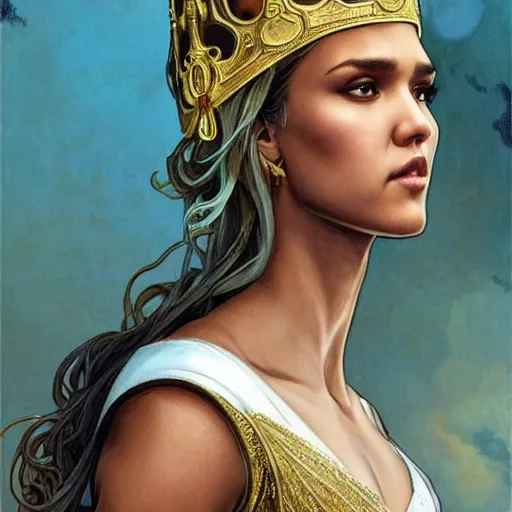 Image similar to jessica alba as queen, incredibly detailed face, wearing toga. true anatomy, symmetry, true anatomy, art by artgerm and greg rutkowski and alphonse mucha