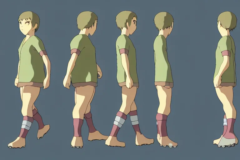 Image similar to a reference sheet containing of a hero running by ghibli studio, front back view and side view, proportions, sprite sheet, running cycle, ready to model,