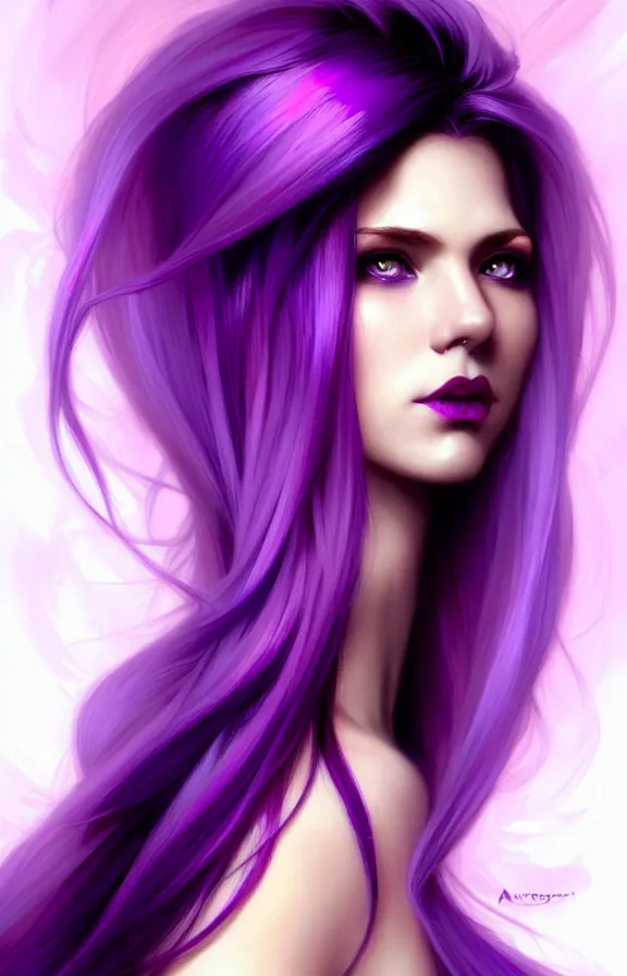 Image similar to Purple hair relistic Portrait of a woman with bright colored flying hair, all shades of purple. Hair coloring, long hair, blue eyes, fantasy, intricate, elegant, highly detailed, digital painting, artstation, concept art, smooth, sharp focus, illustration, art by artgerm and greg rutkowski and alphonse mucha