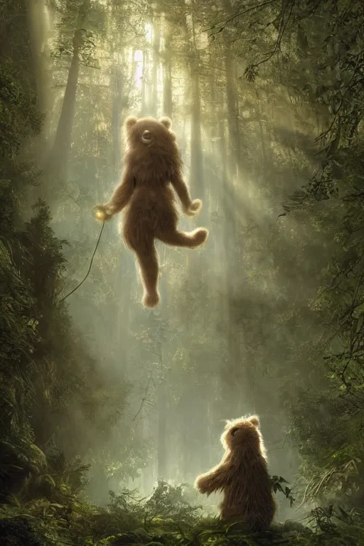 Image similar to mean fluffy teddybear protecting girl in a forest with rays of light coming through the canopy, masterpiece, dystopian, sci-fi, extremely detailed, digital painting, sculpted in zbrush, artstation, concept art, smooth, sharp focus, illustration, chiaroscuro lighting, golden ratio, incredible art, artgerm, greg rutkowski, alphonse mucha, simon stalenhag, carravaggio