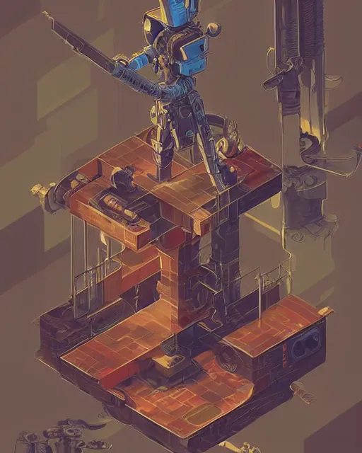 Prompt: a 2d isometric illustration of a steampunk robot warrior, art by studio ghibli and greg rutkowski and disney concept artists, isometric perspective, studio ghibli color scheme, octane, cgsociety, intricate, macro