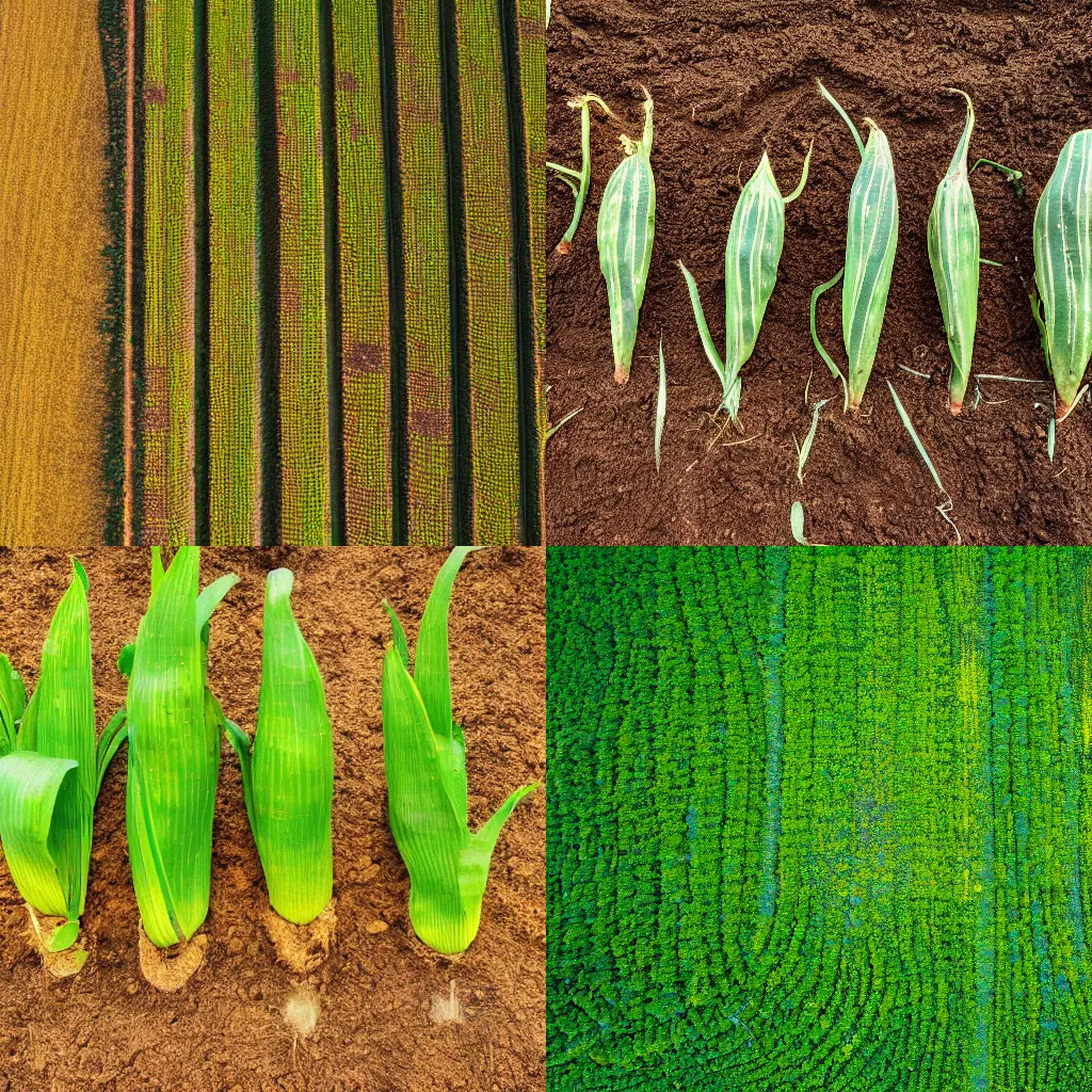 Prompt: A top down photo of young maize plants growing in a row on a muddy field