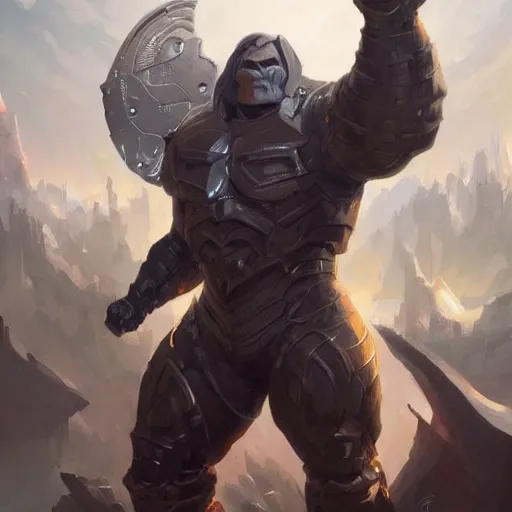 Prompt: darkseid character portrait, wearing shining armor, holding a large platinum shield, by peter mohrbacher, mark brooks, jim burns, wadim kashin, greg rutkowski, larry elmore, esao andrews, trending on artstation