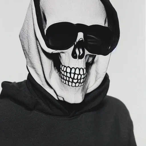 Image similar to close-up shot of a skull in a hoodie in 80s, Polaroid photo, by Warhol