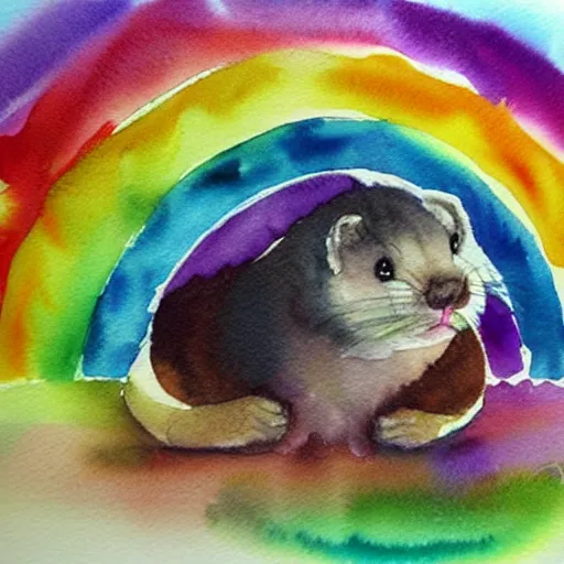 Prompt: rainbow impressionist in watercolor, ferrets playing