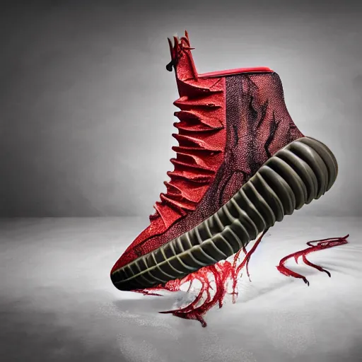 Image similar to horned HR giger esque Yeezy shoe design inspired by the red depths and torture of Hell and Satan, product photography, sneaker photo, studio lighting, professional photoshoot
