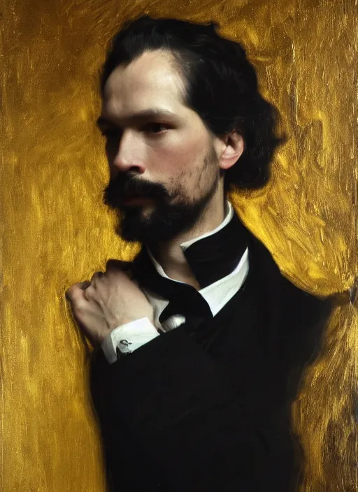 Prompt: highly detailed oil painting | very intricate | cinematic lighting | black, white and gold color scheme, dark background | a man dressed by alexander mcqueen | by roberto ferri, by gustav moreau, by singer sargent and klimt, american romanticism, occult art | by austin osman spare, artstation, cgsociety, official art, octane
