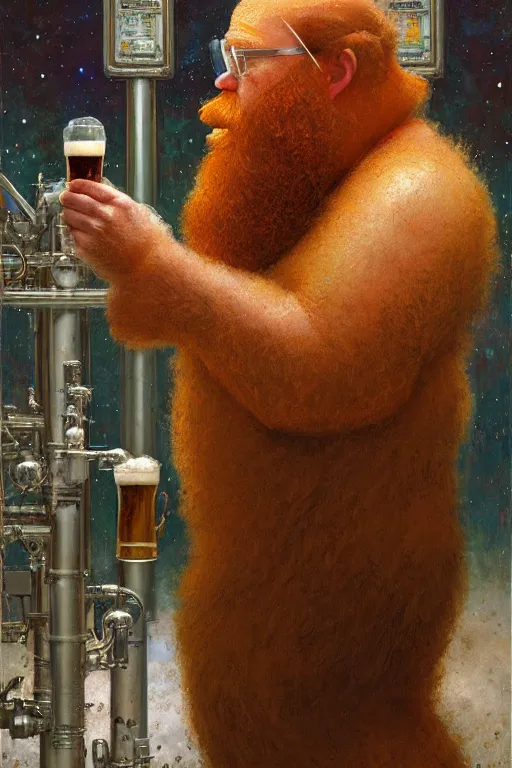 Image similar to full - body portrait of bearded ginger man wearing scientist costume taking photos of beer, by donato giancola, craig mullins, jeremy mann, face details, extremely detailed, bokeh, photorealistic, reflections, digital illustration