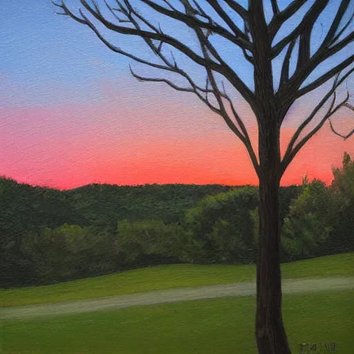 Image similar to pittsburgh, distant, sunset, trees, looking down, art by drew tucker