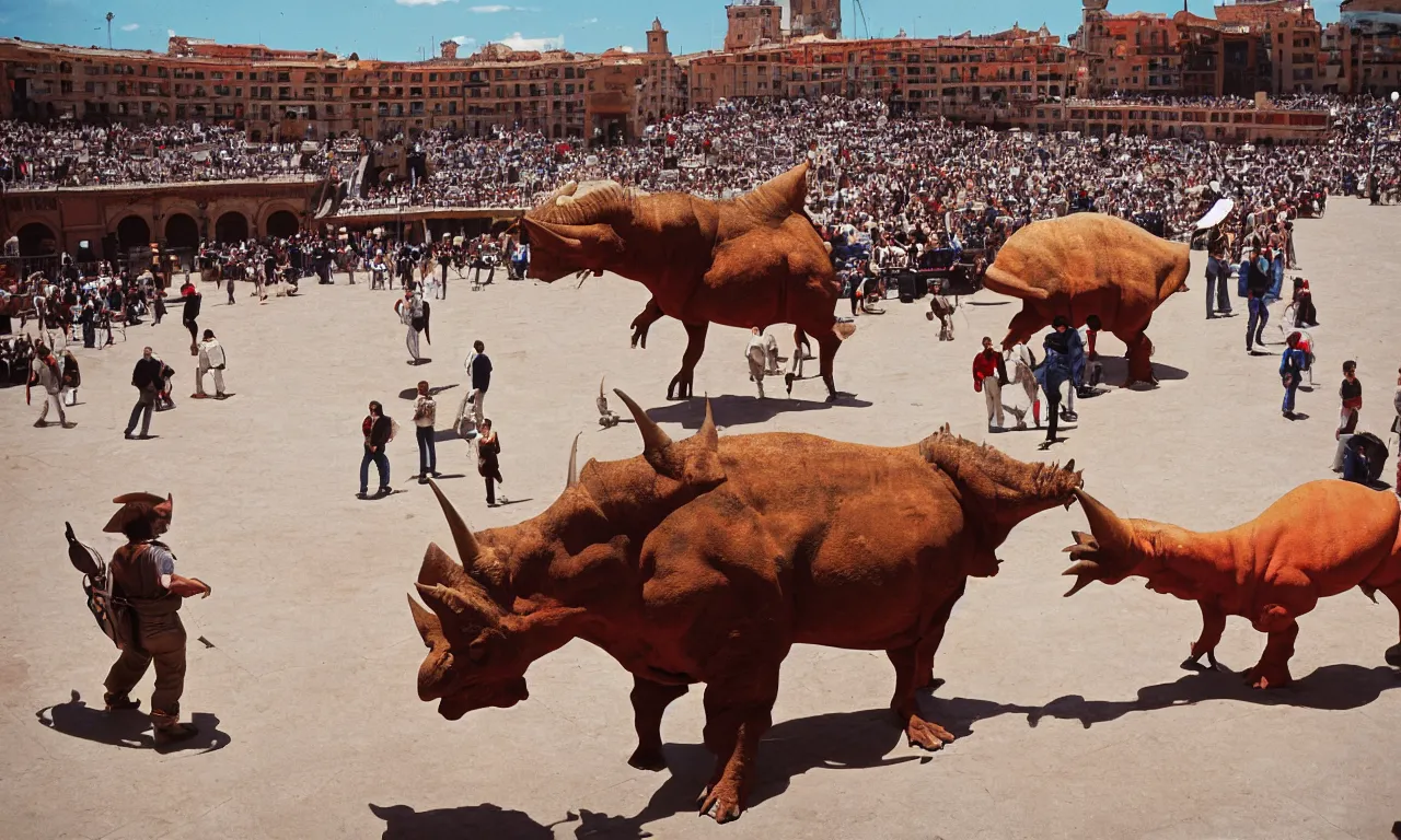 Prompt: a troubadour and a triceratops facing off in the plaza de toros, madrid. extreme long shot, midday sun, kodachrome
