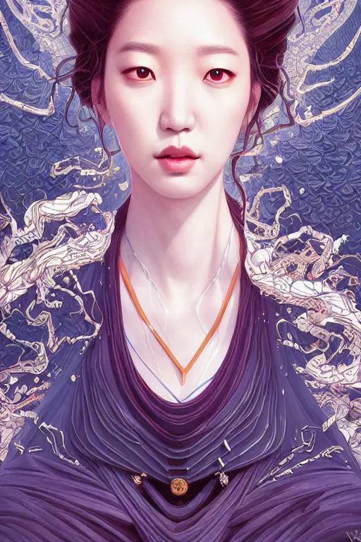 Image similar to Park Shin Hye as a super villain, luxurious, fantasy, intricate, elegant, highly detailed, digital painting, artstation, concept art, matte, sharp focus, illustration, art by WLOP and Hokusai and James Jean, masterpiece, Refined, upscaled