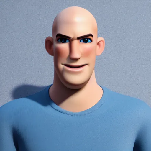 Prompt: handsome thin athletic white man with short buzzed thinning hair, facial stubble and blue eyes posing, depicted as a Pixar character, high quality cg render, 4k