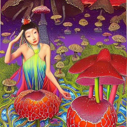 Image similar to a japanese psychedelic love goddess, a sense of awe, offering mushrooms, illustration, slime, amanita - muscaria, elegant, hyper realistic, super detailed, by tadanori yokoo