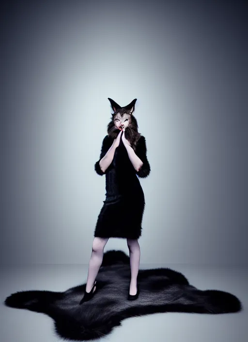 Image similar to full body environmental portrait photo of dressed catgirl anya taylor - joy, cat ears, fur, glamour shot by gemmy woud - binnendijk, chris knight, photorealistic, canon r 3, high fashion photography, elegant, luxury and elite, symmetry, octane render, unreal engine, solid dark grey background, dramatic studio lights, high fashion journal cover