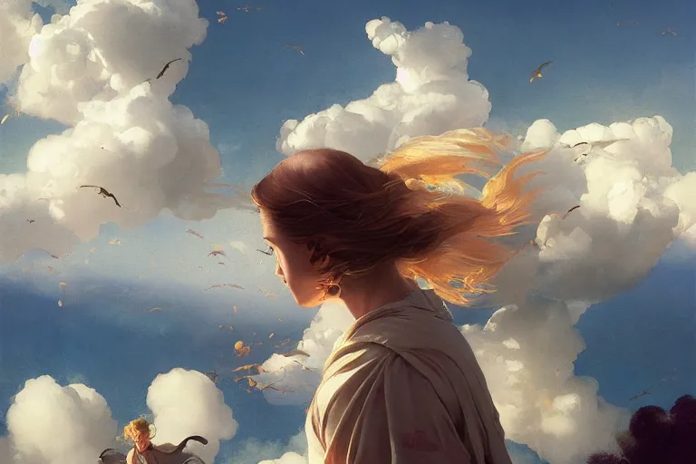 Prompt: she dreamed of flying in the clouds with ghosts of yesteryear, golden hour, mystical, smooth, sharp focus, fantasy, 85mm, DOF, art by Caravaggio, Greg rutkowski, Sachin Teng, Thomas Kindkade, Norman Rockwell, Tom Bagshaw