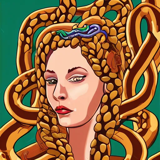 Image similar to medusa with sausages instead of snakes, sausage hair, photorealistic, illustration