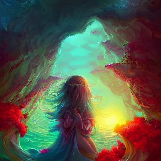 Image similar to i am attracting beautiful souls into my life 🌊✨🌸🌿, 8 k resolution detailed fantasy art, asymmetrical composition, anato finnstark marc simonetti lisa frank zbrush central gloomy midnight.