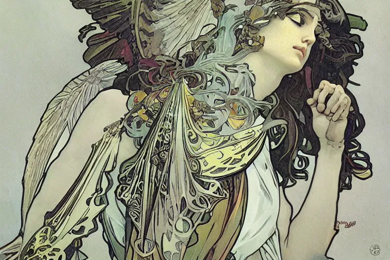 Prompt: A Nike Goddess of Victory with wings by Alphonse Mucha and Yoji Shinkawa in the syle of Art Noveau