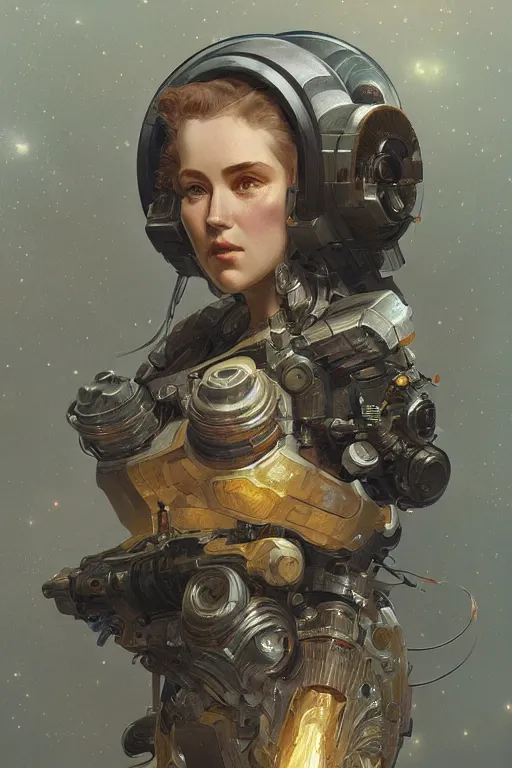 Image similar to A full portrait of a scifi heavy deep space miner, intricate, elegant, highly detailed, digital painting, artstation, concept art, smooth, sharp focus, illustration, art by Krenz Cushart and Artem Demura and alphonse mucha